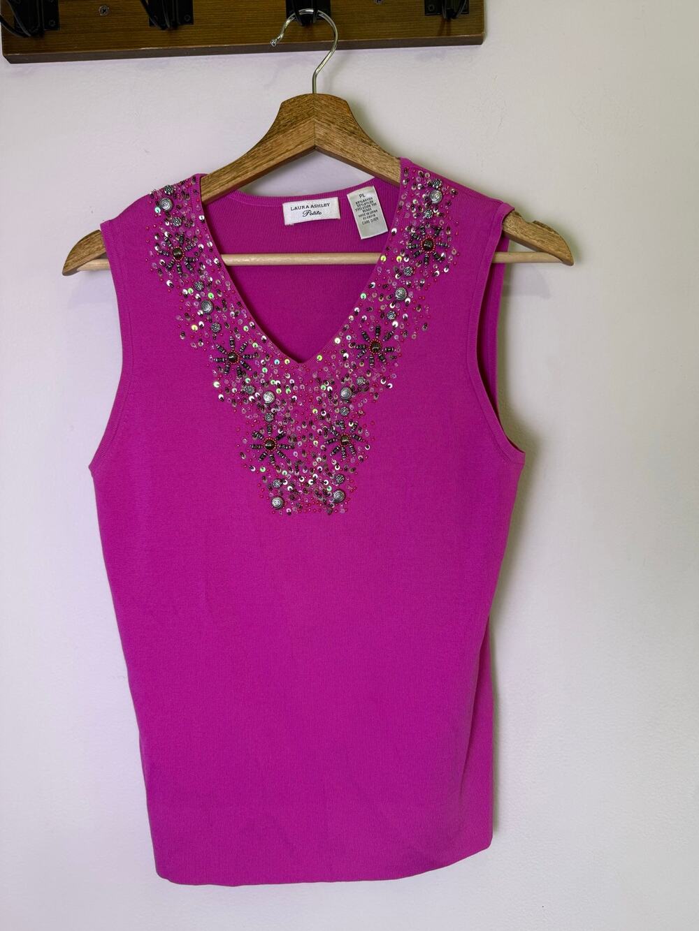 Vintage Y2K Laura Ashley Petite Pink Beaded Sequin Sweater Tank Top PL
